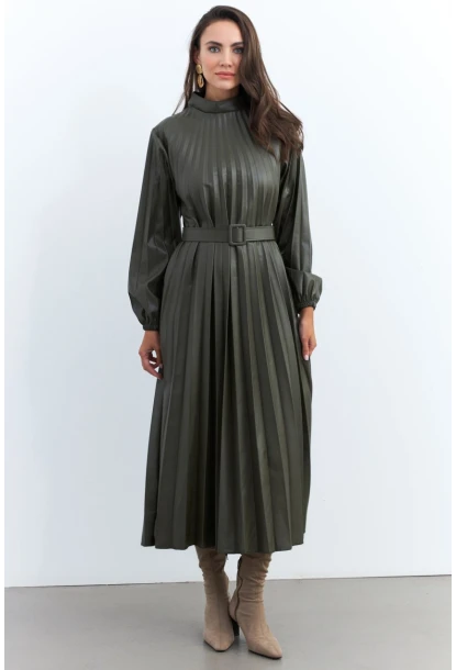 Kadın Haki Pileli Kemerli Maxi Elbise MALZ99