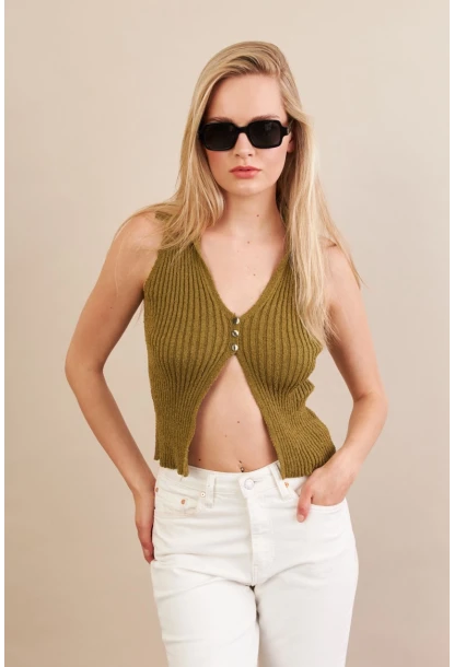 Kadın Haki Polo Yaka Yumoş Yelek ZH050