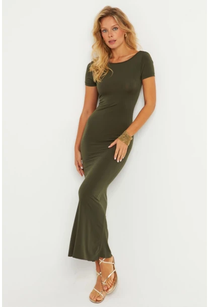 Kadın Haki Sırtı Açık Maxi Elbise DMR306