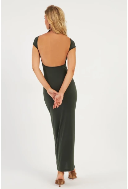Kadın Haki Sırtı Açık Midi Elbise DMR345