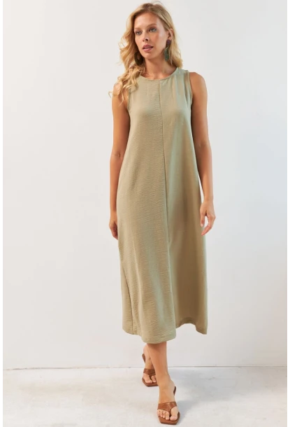 Kadın Haki Sırtı Düğmeli Midi Keten Elbise DMR353