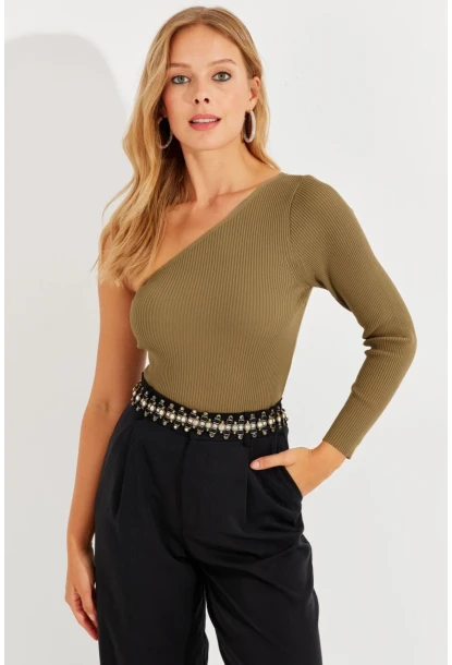 Kadın Haki Tek Omuz Triko Bluz YV204