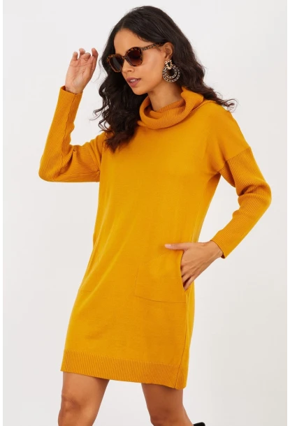 Kadın Hardal Degaje Yaka Triko Mini Elbise YV73