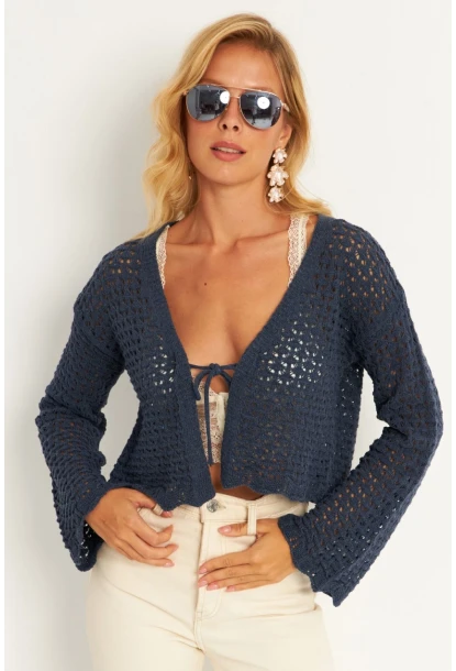 Kadın İndigo Ajurlu Triko Hırka YV248