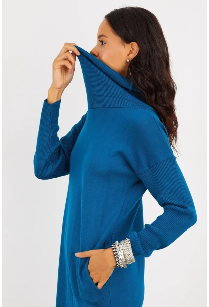 Kadın İndigo Degaje Yaka Triko Mini Elbise YV73