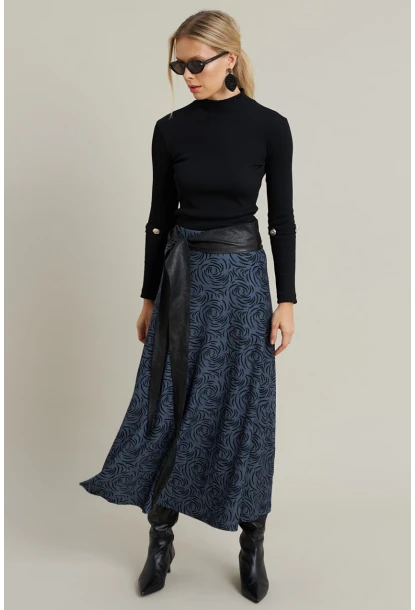 Kadın İndigo Desenli Çan Etek LON3007