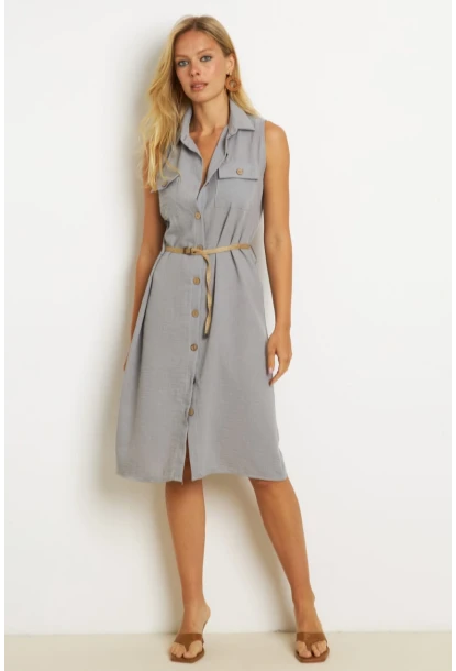 Kadın İndigo Kemerli Gömlek Midi Elbise SGT404