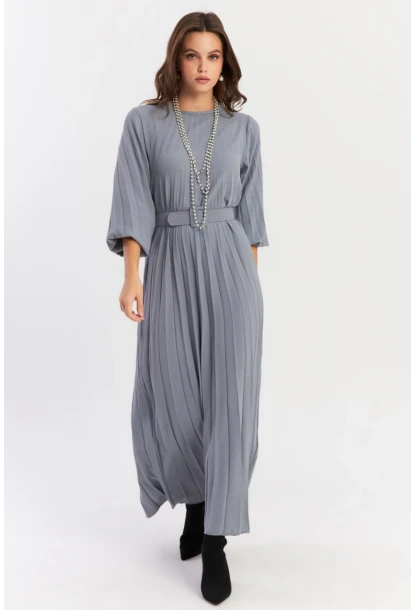 Kadın İndigo Kemerli Plili Maxi Elbise ALZ500