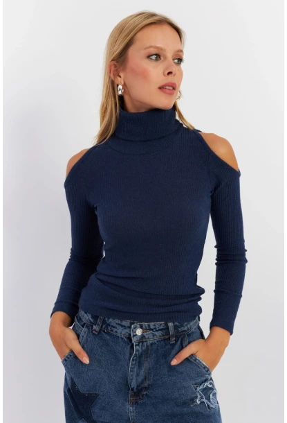 Kadın İndigo Omuzları Açık Kaşkorse Bluz HOR04