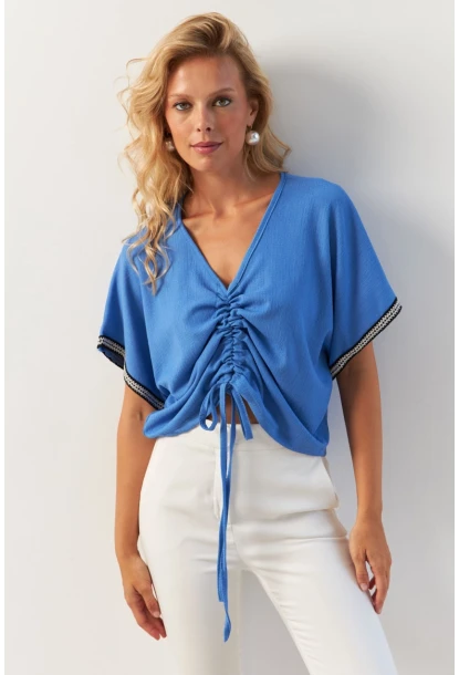 Kadın İndigo Önü Büzgülü Bluz XL2039
