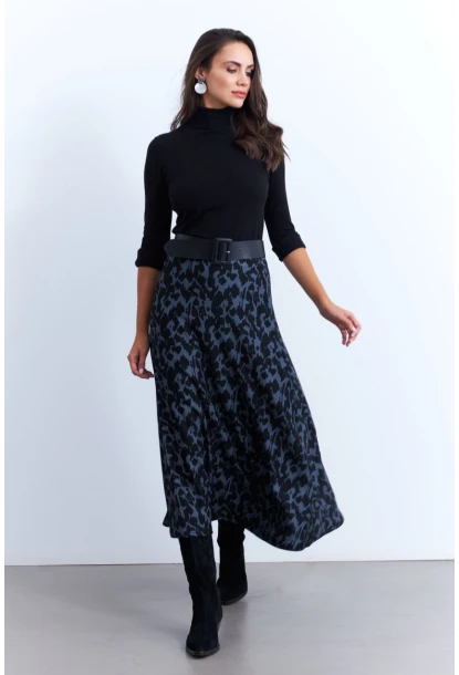 Kadın İndigo-Siyah Desenli Çan Etek LON3007