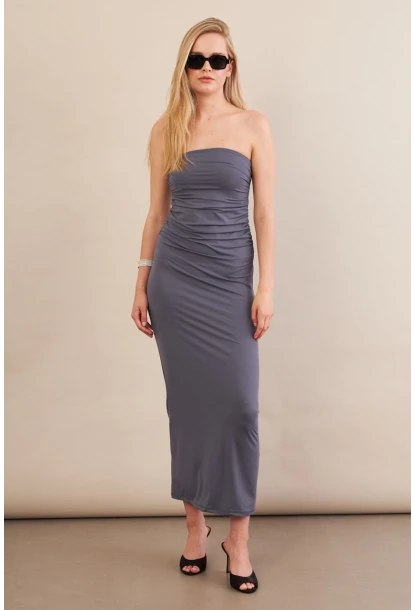 Kadın İndigo Straplez Büzgülü Midi Elbise MX2005