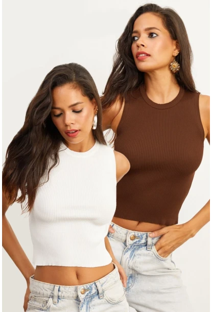 Kadın Kahve-Beyaz Bisiklet Yaka İkili Triko Bluz YV132