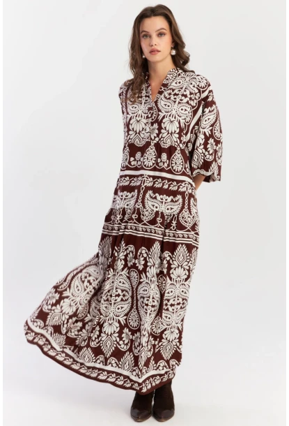 Kadın Kahve-Beyaz Etnik Desenli Maxi Dokuma Elbise ALO325