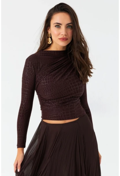 Kadın Kahve Desenli Büzgülü Bluz LPP1279