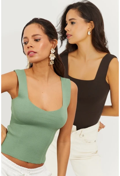 Kadın Kahve-Mint Kare Yaka İkili Bluz YV127