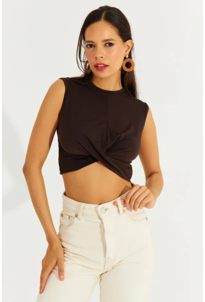 Kadın Kahve Önü Düğümlü Crop Bluz SDY2018