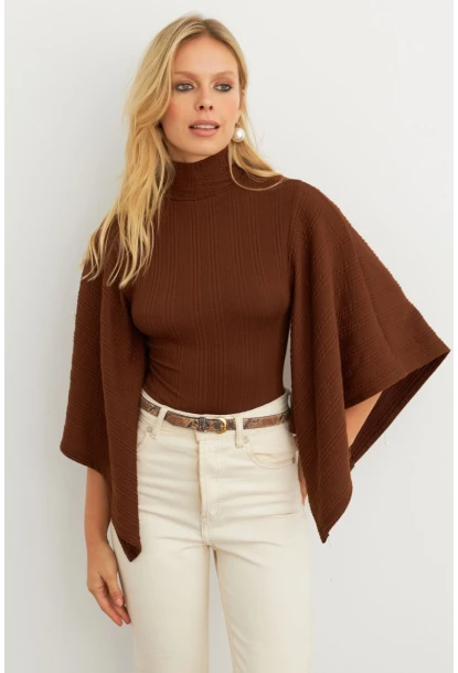 Kadın Kahve Yarasa Kol Balıkçı Bluz MTF32