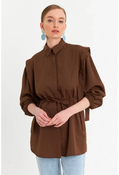 Kadın Kahverengi Bağlama Detaylı Basic Gömlek MASF185