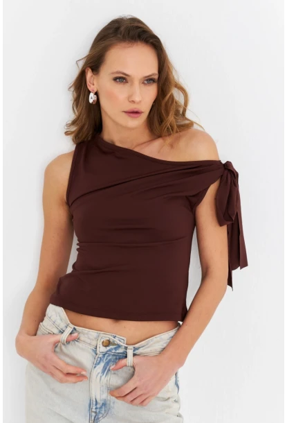 Kadın Kahverengi Bağlama Detaylı Bluz TF50