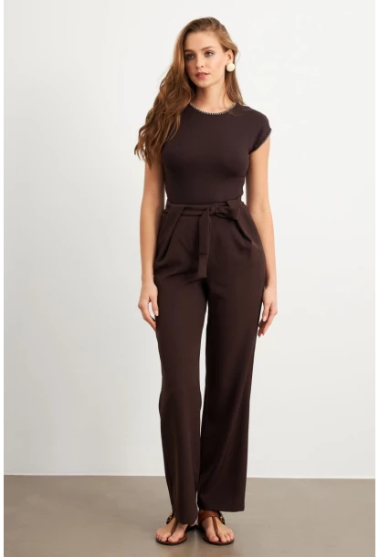 Kadın Kahverengi Beli Lastikli Kuşaklı Pantolon FLU7251
