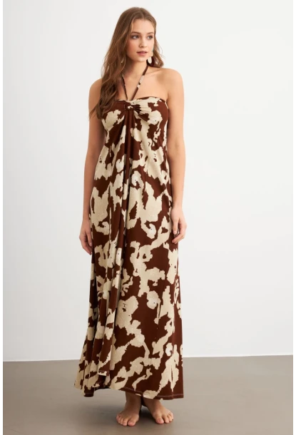 Kadın Kahverengi Büzgülü Desenli Midi Elbise KAB304