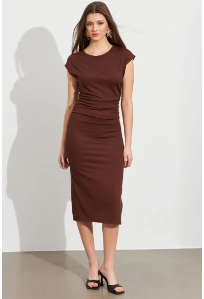 Kadın Kahverengi Büzgülü Midi Elbise MK38