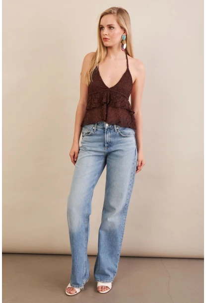 Kadın Kahverengi Dantel Bluz ZH324