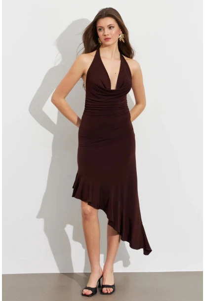 Kadın Kahverengi Degaje Asimetrik Midi Elbise İRE1436