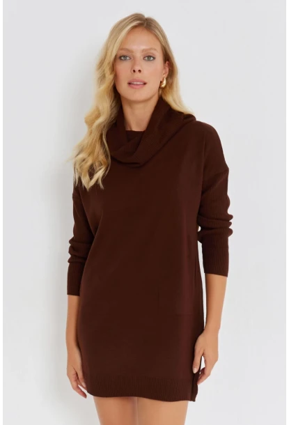 Kadın Kahverengi Degaje Yaka Triko Mini Elbise YV73