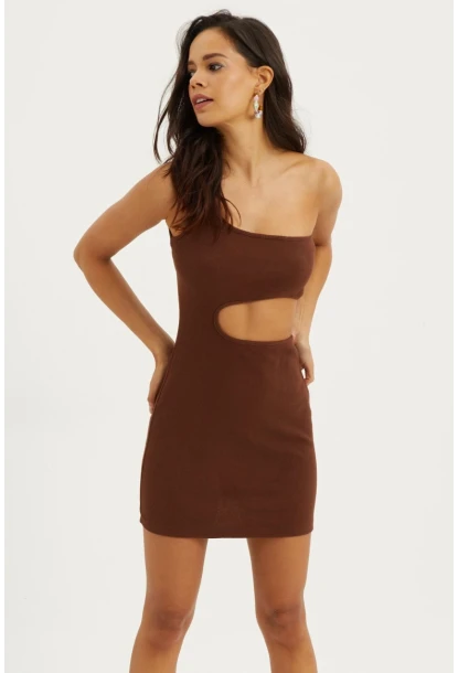 Kadın Kahverengi Dekolteli Mini Elbise B1817