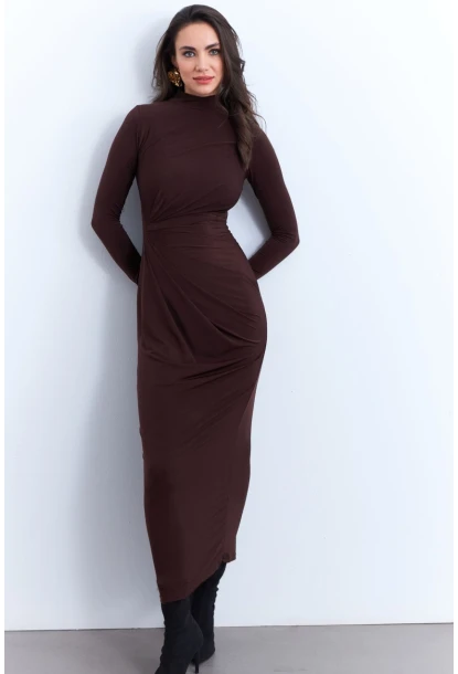 Kadın Kahverengi Drapeli Maxi Elbise LİK12