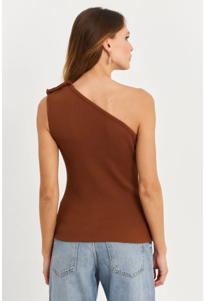 Kadın Kahverengi Düğme Detaylı Kaşkorse Bluz EY2711