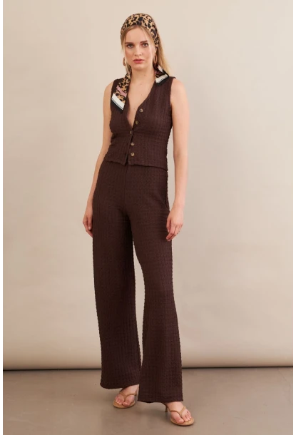 Kadın Kahverengi Gofre Yelek Pantalon Takım FLU330