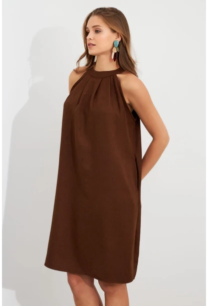 Kadın Kahverengi Halter Yaka Midi Elbise NH5029