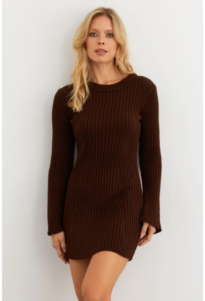 Kadın Kahverengi İspanyol Kol Triko Mini Elbise YV273