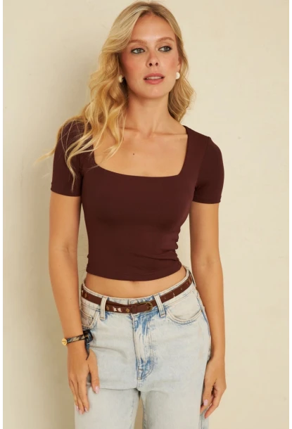 Kadın Kahverengi Kare Yaka Bluz AYD338