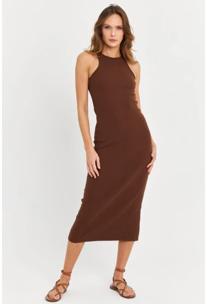 Kadın Kahverengi Kolsuz Kaşkorse Midi Elbise EY3049