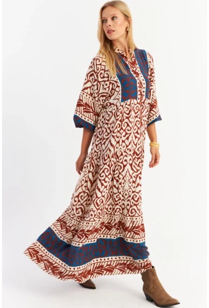 Kadın Kahverengi-Lacivert Volanlı Maxi Elbise ALO11