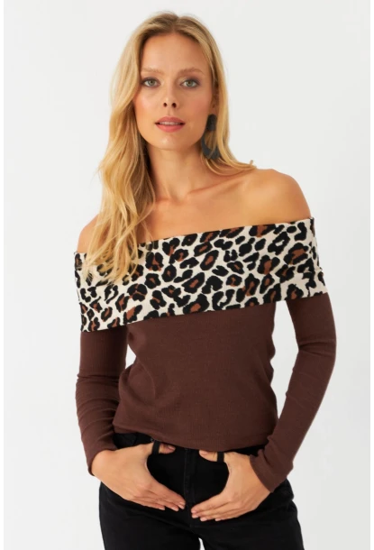 Kadın Kahverengi Leopar Bloklu Madonna Bluz AYD396