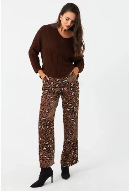 Kadın Kahverengi Leopar Desenli Saten Pantolon CAR1069