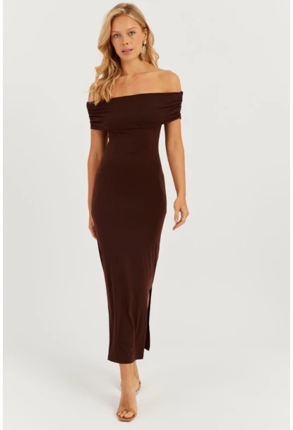Kadın Kahverengi Madonna Yaka Midi Elbise DMR298