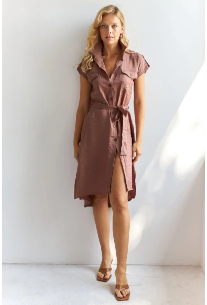 Kadın Kahverengi Midi Gömlek Elbise PP5509