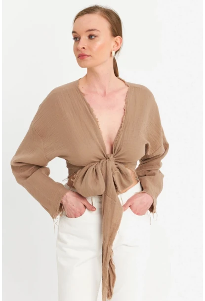 Kadın Kahverengi Müslin Crop Bluz PC20700