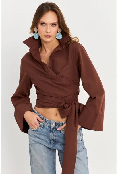 Kadın Kahverengi Önü Bağlamalı İspanyol Kol Gömlek MON142