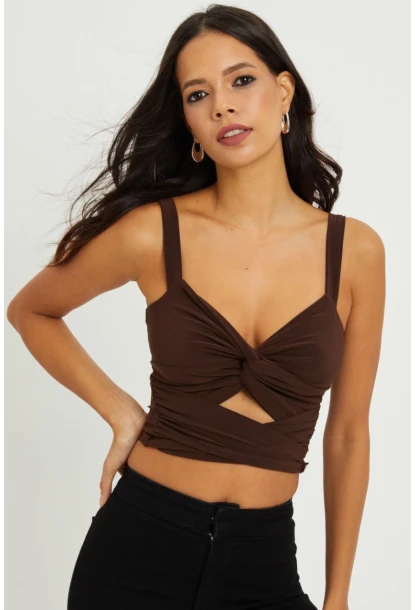 Kadın Kahverengi Önü Büzgülü Crop Bluz B189