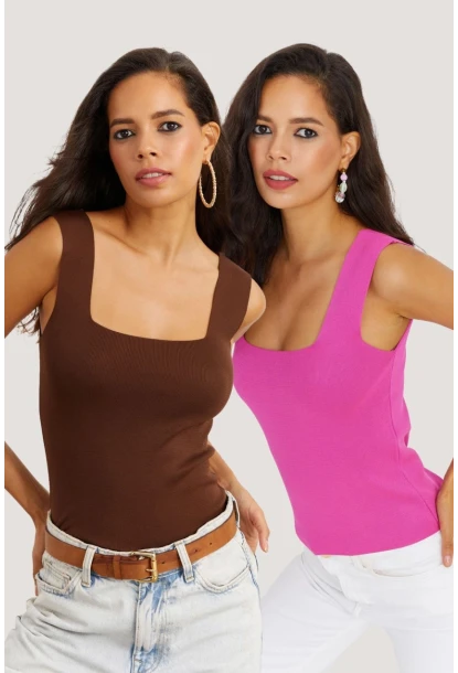 Kadın Kahverengi-Pembe İkili Kare Yaka Triko Bluz YV124