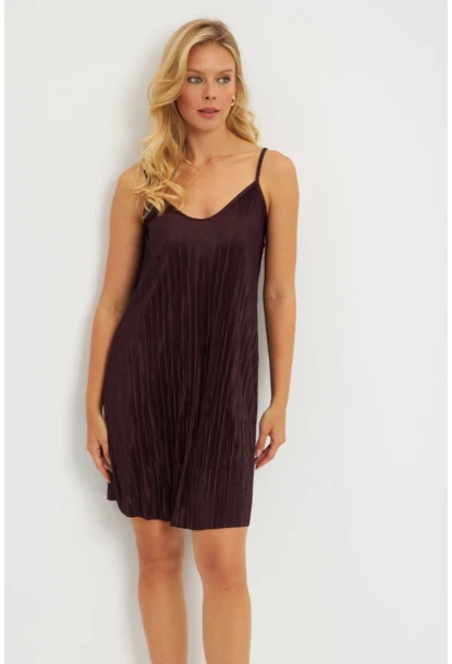 Kadın Kahverengi Piliseli Mini Elbise  DMR338