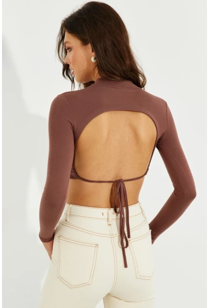 Kadın Kahverengi Sırtı Açık Crop Bluz LPP1232