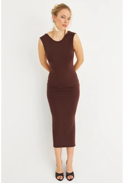 Kadın Kahverengi Sırtı Açık Midi Elbise YEL221672